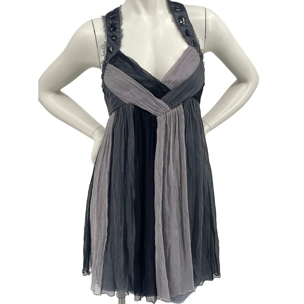 Bebe Women Silk Black Gray Halter Corset Lace Up Colorblock Beaded Strap Lined S